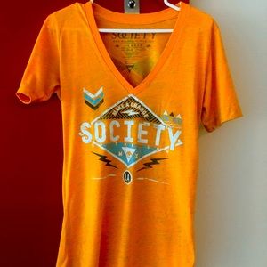 “Society” V-neck orange tee with white and turquoise logo & distressing, size lg